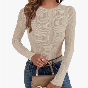 Ribbed Wave-Texture Long Sleeve Top in Beige
